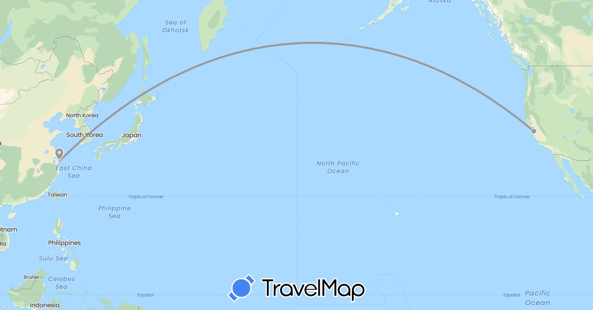 TravelMap itinerary: driving, plane in China, United States (Asia, North America)